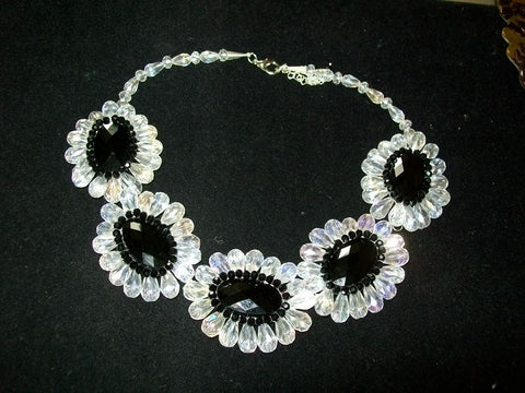 Black & White Crystal & Onyx Flower Necklace