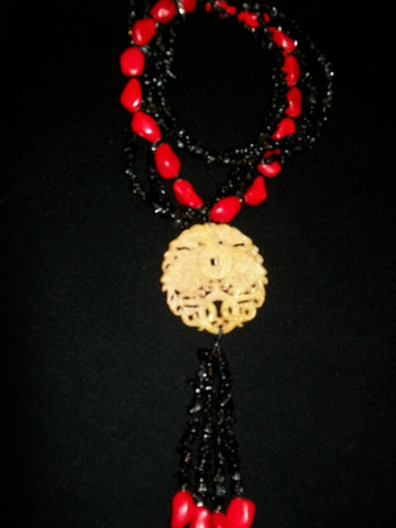 Red & Black Necklace Wiith  Jade Pendent.