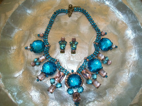 Handmade Blue & Pink Rhinestone Necklace